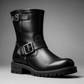 Une botte de motard noire en cuir pour homme avec des boucles métalliques et une semelle crantée, posée sur un fond gris neutre.