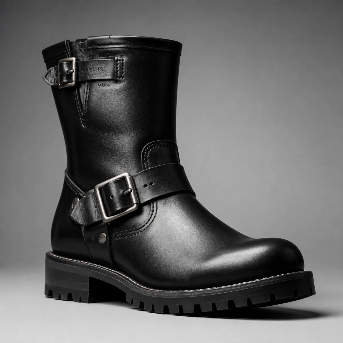 Une botte de motard noire en cuir pour homme avec des boucles métalliques et une semelle crantée, posée sur un fond gris neutre.