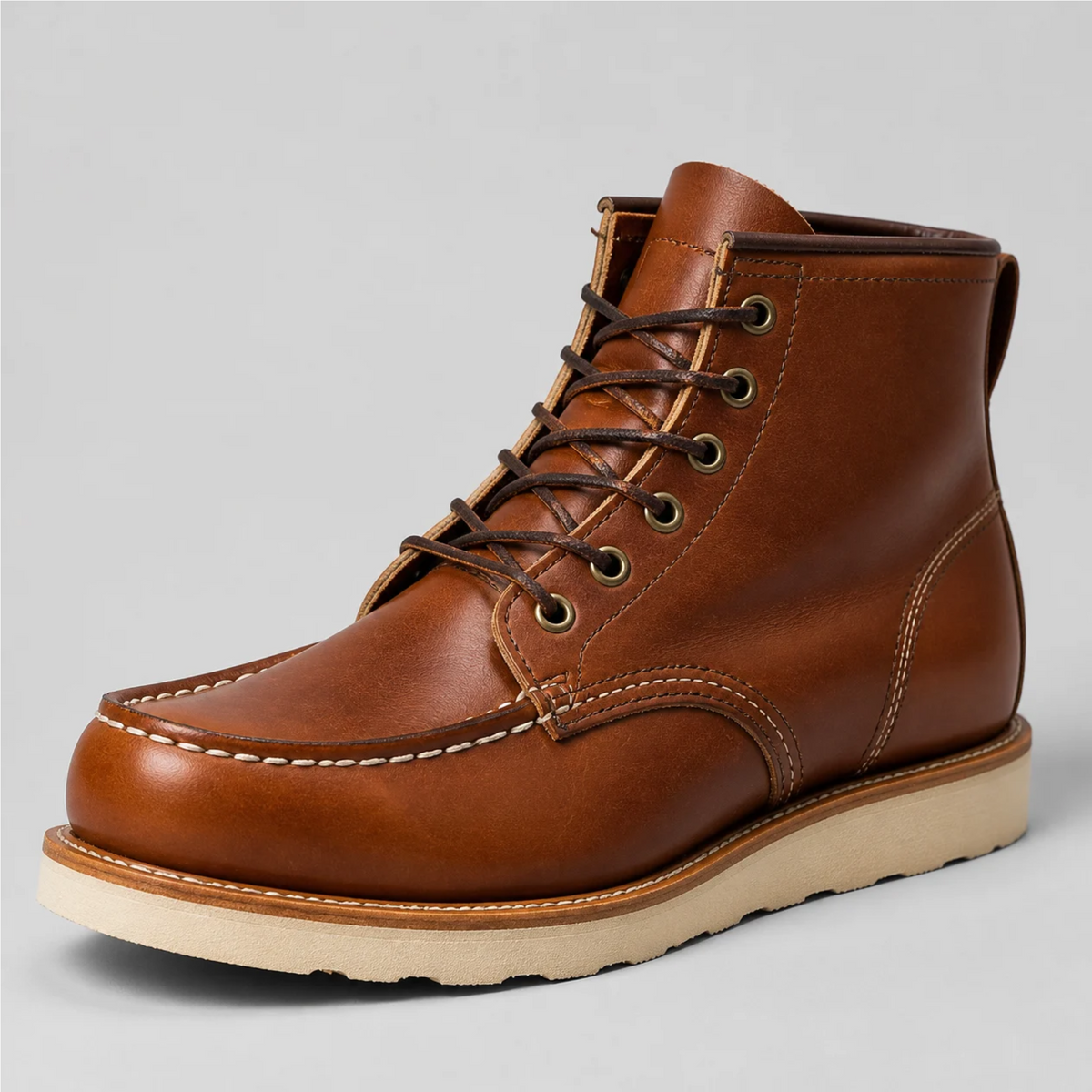 Une bottine de travail marron en cuir pour homme avec des lacets, des œillets métalliques et une semelle claire, posée sur un fond gris neutre.